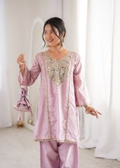 Innovative Pink Mirror Embroidery Kurti Set