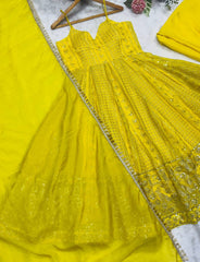 Alluring Yellow Organza with Zari Sequins Work Gown