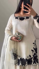 Imposing Cream Fendy Silk Thread Embroidered Kurti Set