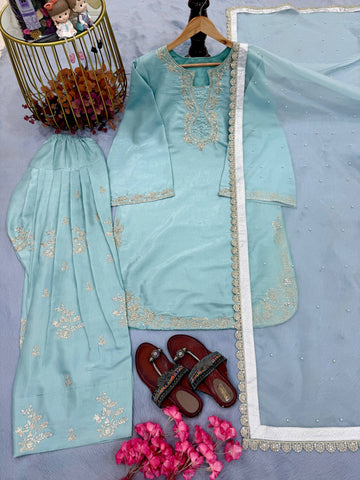 Exclusive Blue Silk Sequence Work Palazzo Suit