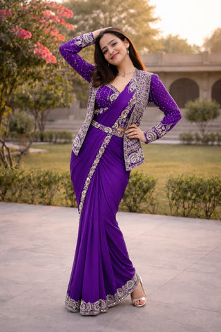Exclusive Pink Heavy Crep Silk Embroidery Sequence Saree Set