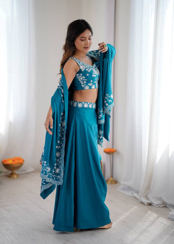 Exclusive Teal Blue Silk Embroidery Work Skirt With Top