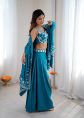 Exclusive Teal Blue Silk Embroidery Work Skirt With Top