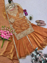 Exclusive Brown Heavy Fandy Silk Embroidery Work Sharara Suit