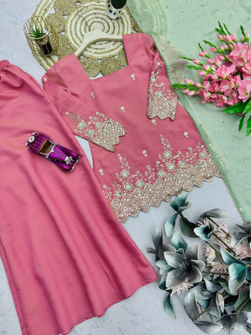 Stylish Pink Heavy Shimmer Silk with Embroidery Sequins Work Sharara Suit