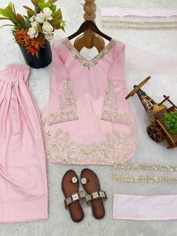 Elegant Pink Crepe Silk Embroidery Work Palazzo Suit