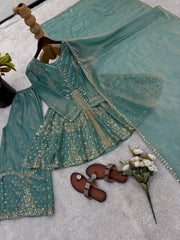 Amazing Green Fendy Silk Embroidery Sequence Work Palazzo Suit