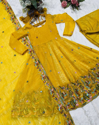 Mesmerizing Yellow Soft Silk with Sequins Embroidery Gown