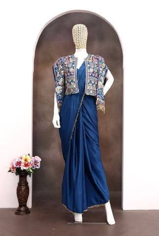 Amazing Blue Heavy Crepe Silk Embroidery Jacket With Saree