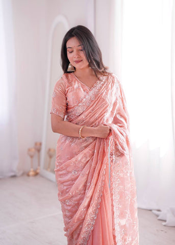 Opulent Peach Silk Saree with Beads Work