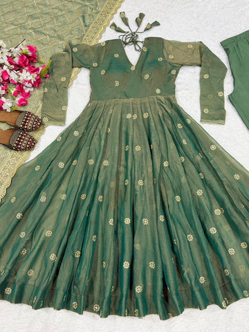 Amazing Pista Green Embroidery Anarkali Gown