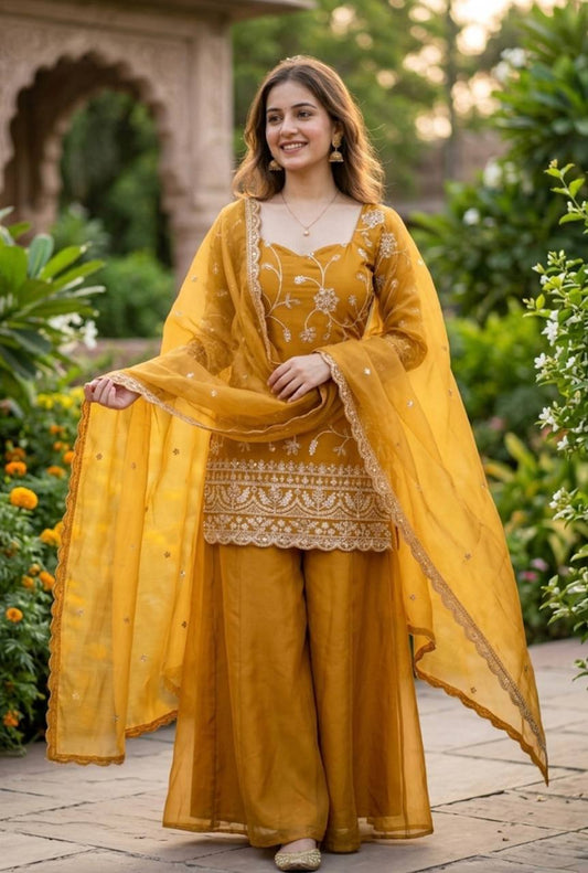 Exclusive Mustard Silk Thread Work Sharara Suit