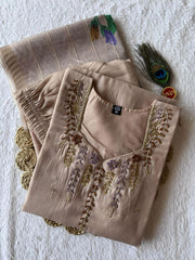 Alluring Cream Mul Chanderi with Hand Work Suit