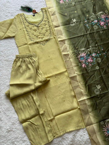 Exclusive Elaichi Mul Chanderi with Hand Work Suit