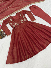 Stylish Red Color Silk with Koti Work Anarkali Suit
