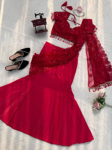 Luxuriant Red Natural Crepe Thread Work Lehenga Saree