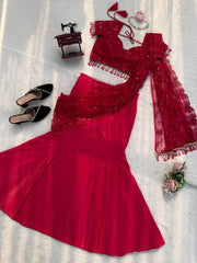 Luxuriant Red Natural Crepe Thread Work Lehenga Saree