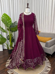 Fabulous Maroon Faux Georgette Thread and Sequence Work Gown