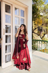 Stunning Maroon Pure Silk Embroidered Gown