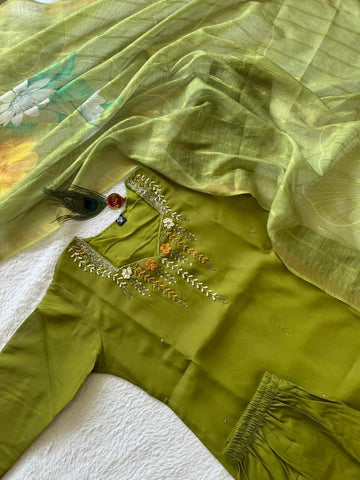 Amazing Parrot Mul Chanderi with Hand Work Sharara Suit