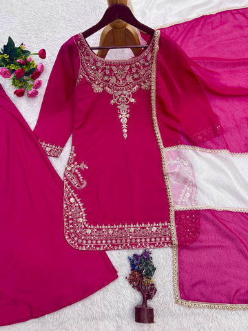 Amazing Pink Crepe Silk Embroidery Work Sharara Suit