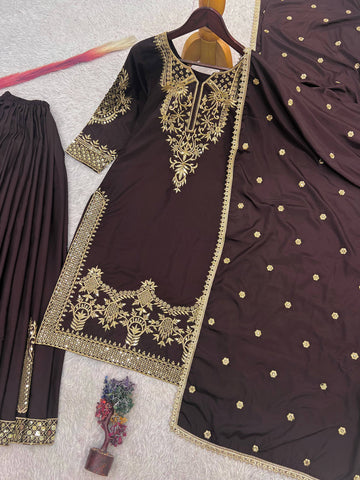 Elegant Brown Natural Crepe Silk Embroidery Work Palazzo Suit