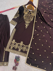 Elegant Brown Natural Crepe Silk Embroidery Work Palazzo Suit