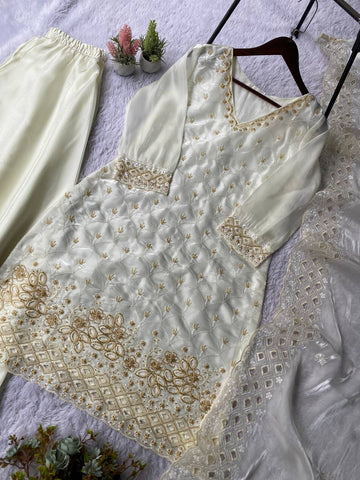Lovely White Fendy with Beads Work Kurti Set