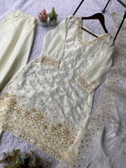 Lovely White Fendy with Beads Work Kurti Set