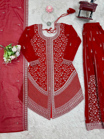 Amazing Red Faux Georgette Embroidery Sharara