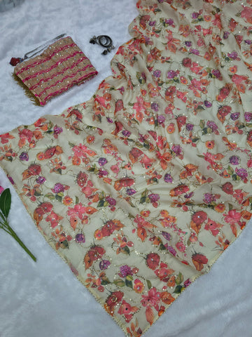 Pink Digital Floral Print, Sequins Embroidery Saree