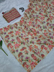 Pink Digital Floral Print, Sequins Embroidery Saree