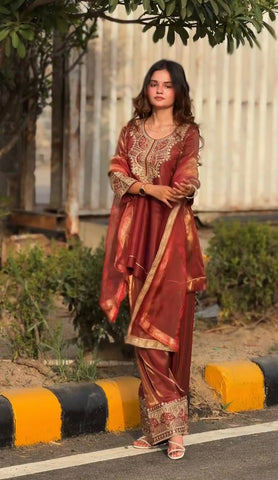 Brown Heavy Embroidery Work Sharara Suit