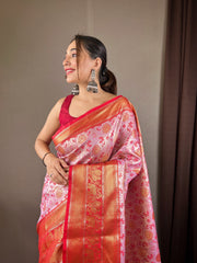 Glossy Zari Kanchi Style Weaving Pink Kanjivaram Saree