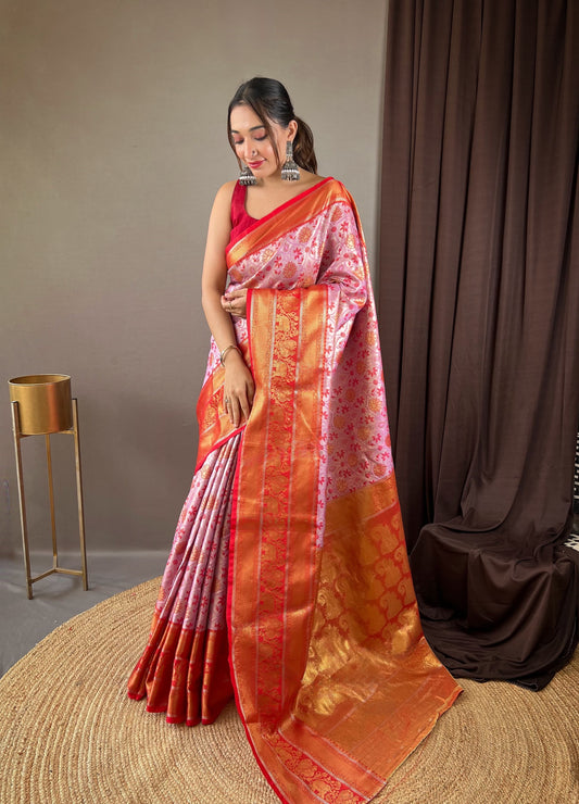 Glossy Zari Kanchi Style Weaving Pink Kanjivaram Saree