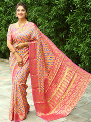 Beautiful Blue With Pink Ajrakh Zari Weaving Saree