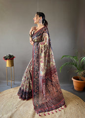 Unique Italian Digital Print Cotton Pista Color Saree