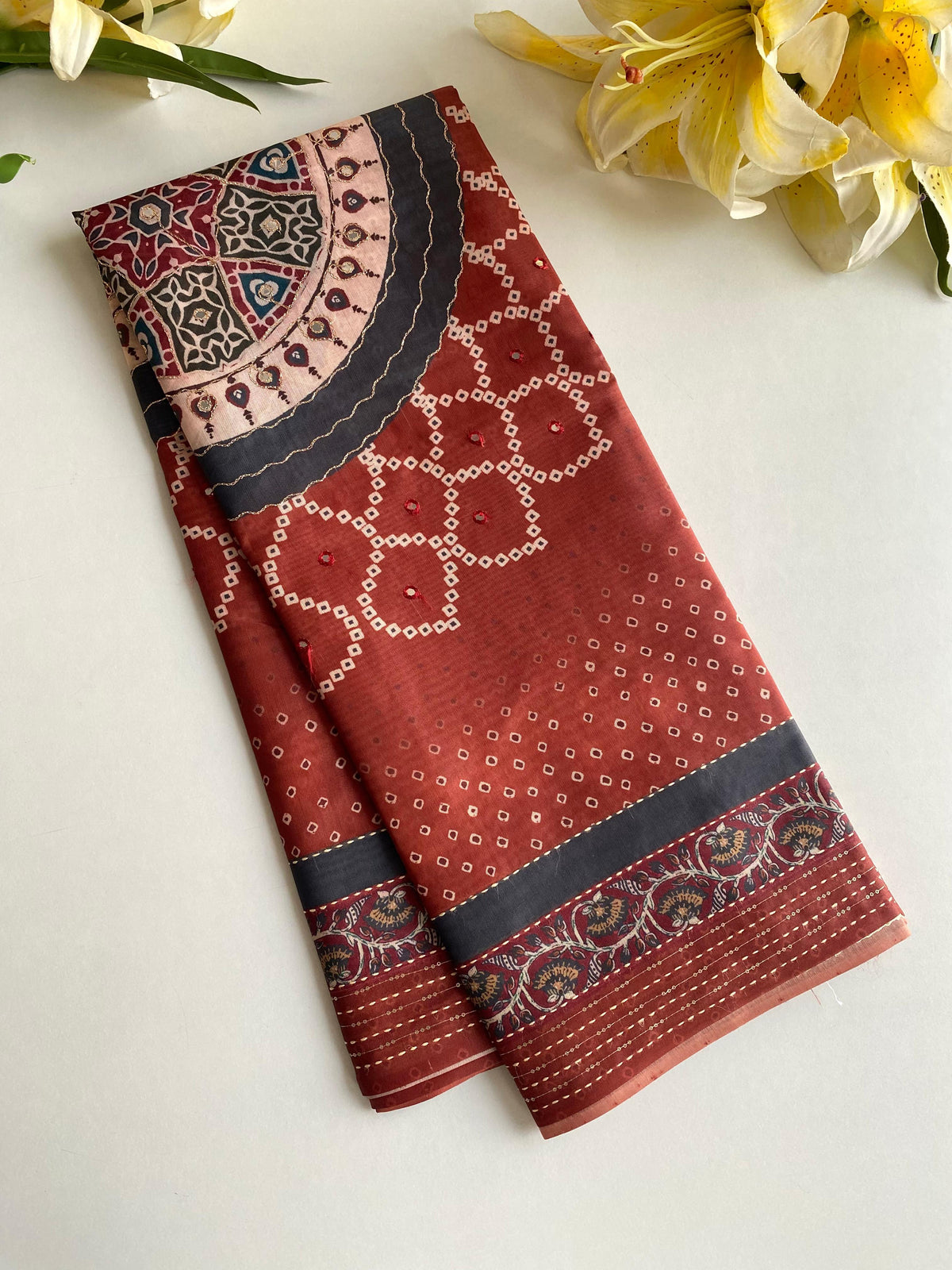 Captivating Bandhani Print With Work Red Color Saree