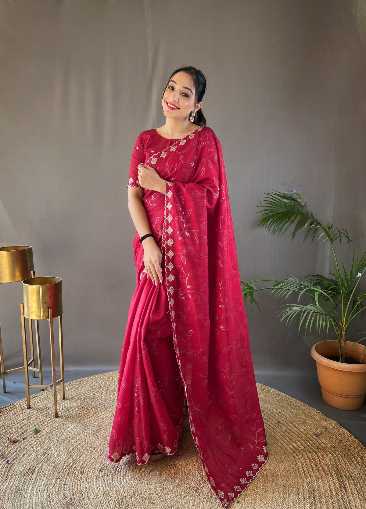 Presenting Ready To Wear Red Color Silk Saree