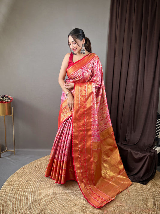 Glossy Zari Kanchi Style Weaving Red Kanjivaram Saree