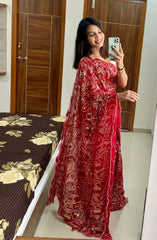 Designer Red Color Multi Embroidered Double Sequence Work Saree