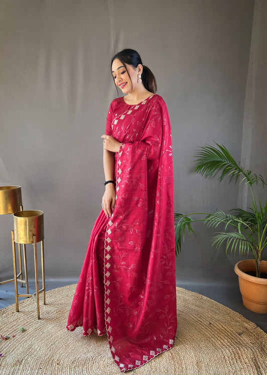 Presenting Ready To Wear Red Color Silk Saree