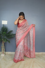 Gorgeous Organza Silk Kalamkari Print Red Color Saree