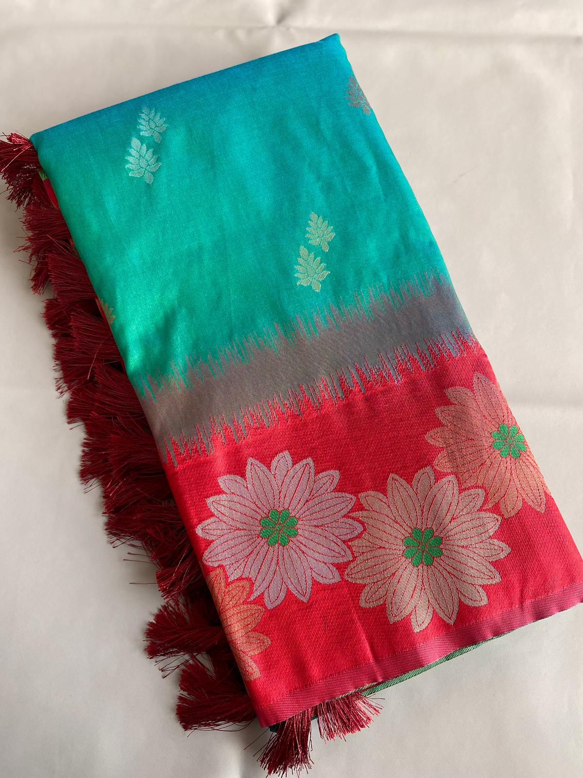 Beautiful Floral Zari Weaving Border Rama Color Silk Saree