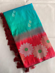 Beautiful Floral Zari Weaving Border Rama Color Silk Saree