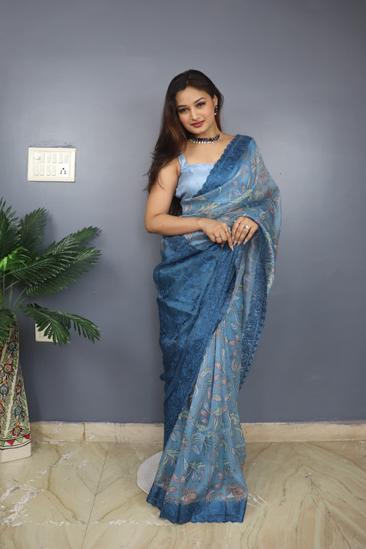 Beautiful Sky Blue Organza Silk Kalamkari Print Saree