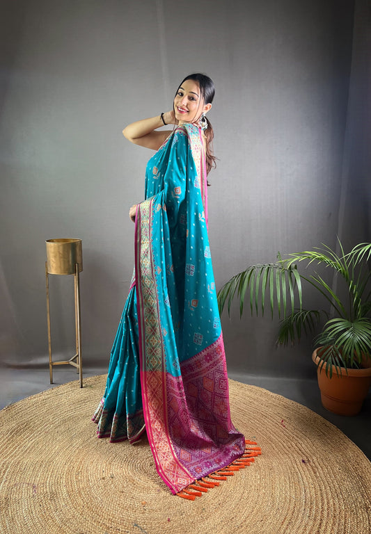 Preferable Sky Blue Color Rangeen Patola Silk Saree