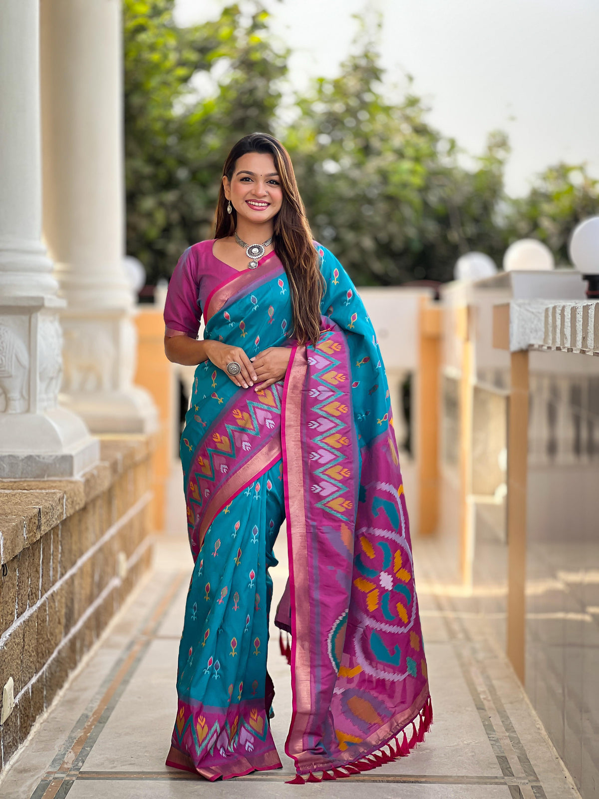 Sky Blue Color Patola Weaving Border Alluring Silk Saree