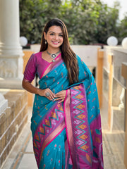Sky Blue Color Patola Weaving Border Alluring Silk Saree