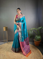 Preferable Sky Blue Color Rangeen Patola Silk Saree